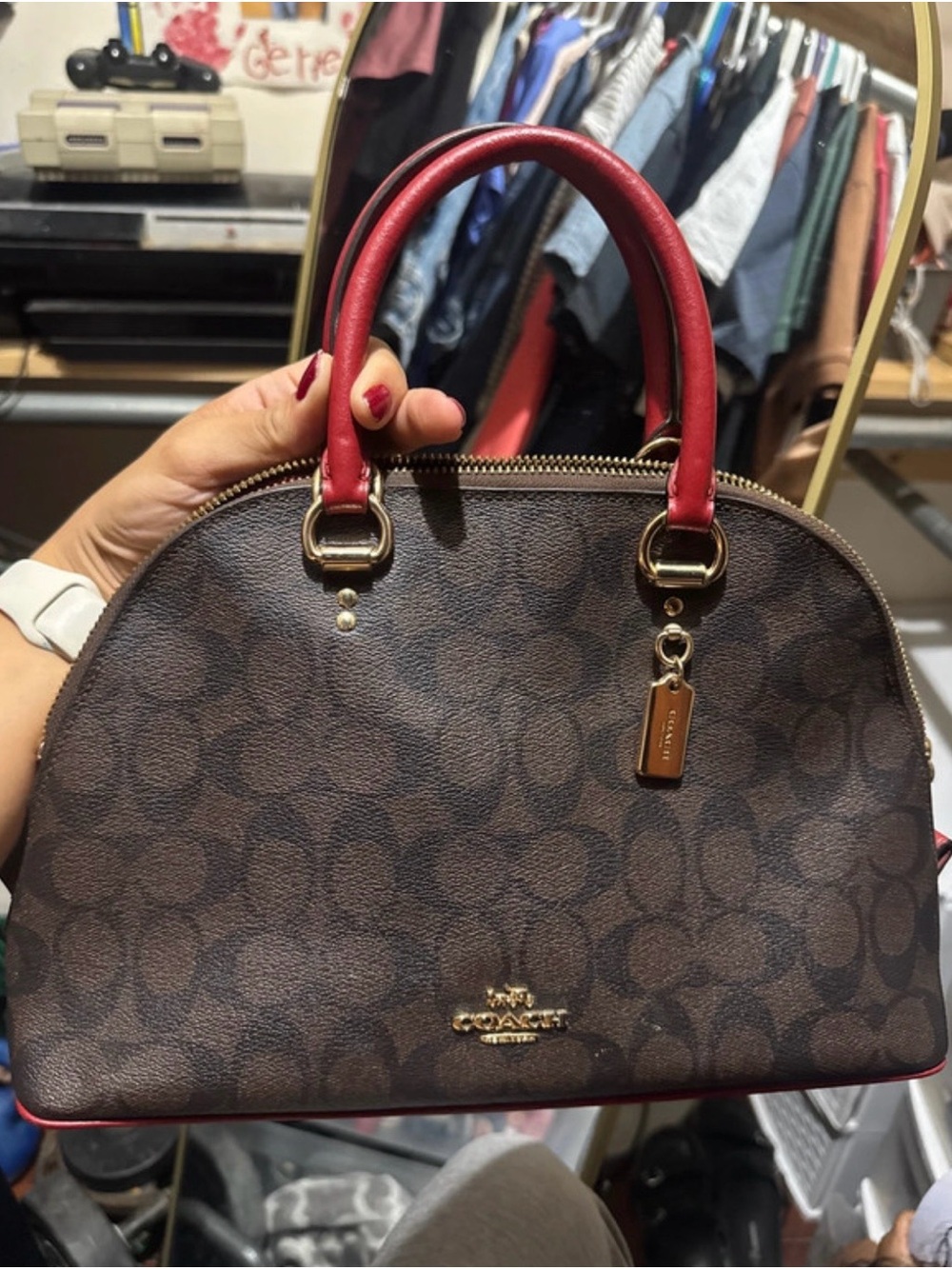 Coach Brown Signature Katy Satchel with Red Handles